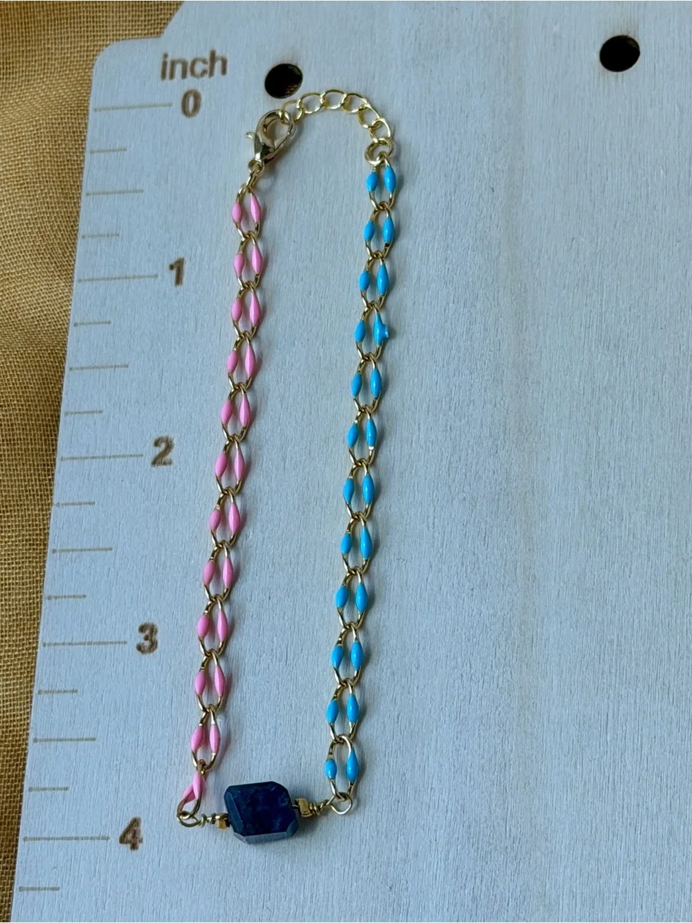 Handmade Gold Chain Bracelet with Pink & Blue Enamel and Genuine Iolite Stone